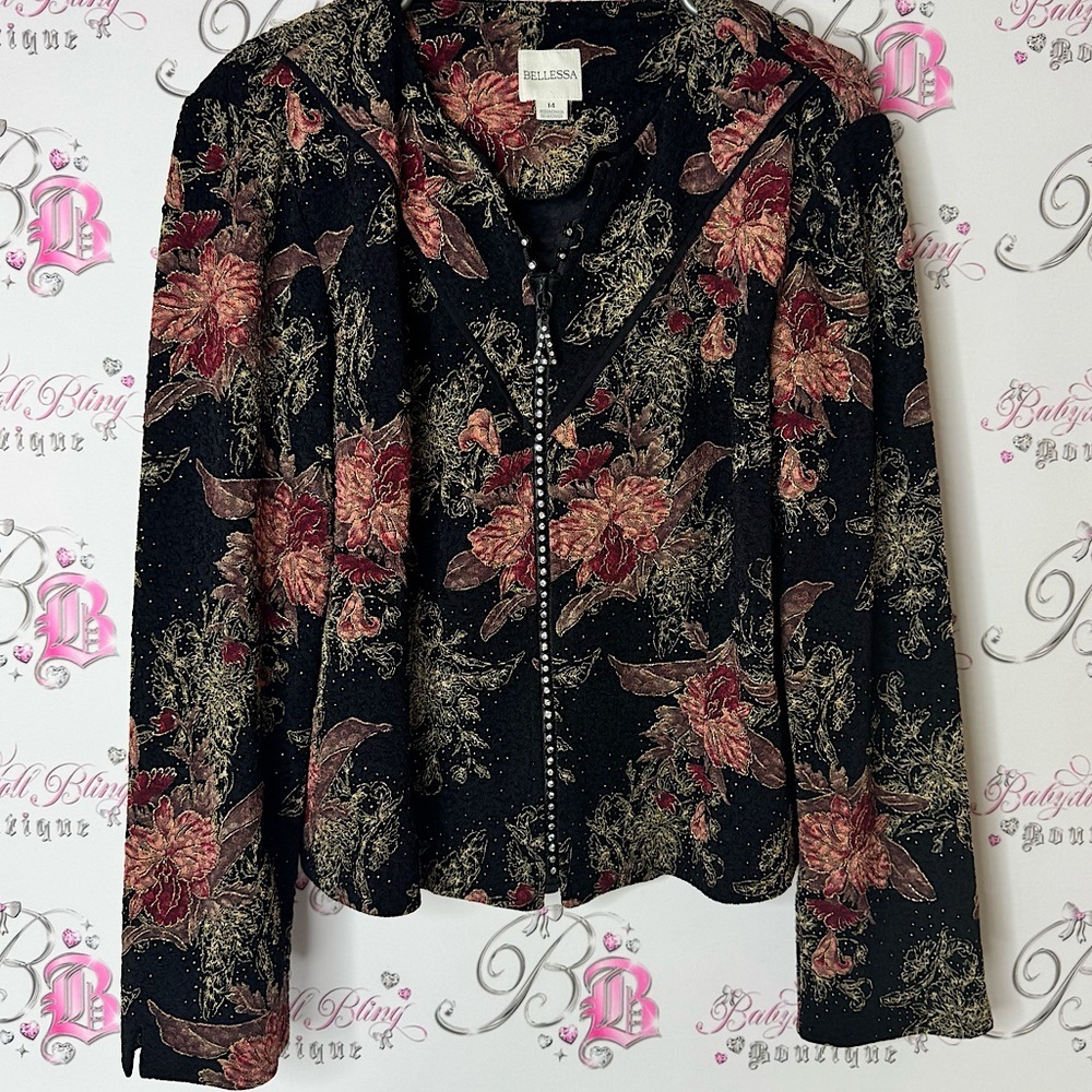 Bellessa blazer zip up rhinestone zipper bling Black Floral sweater top